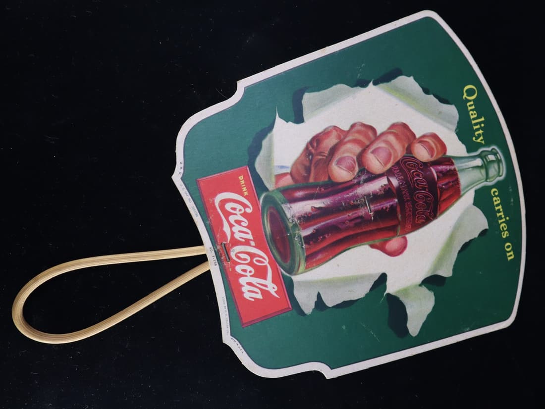 1950'S COCA COLA QUALITY CARRIES ON LITHOGRAPHED CARDBOARD FAN 7.75X11.25", NO. F-156 (1 of 3)