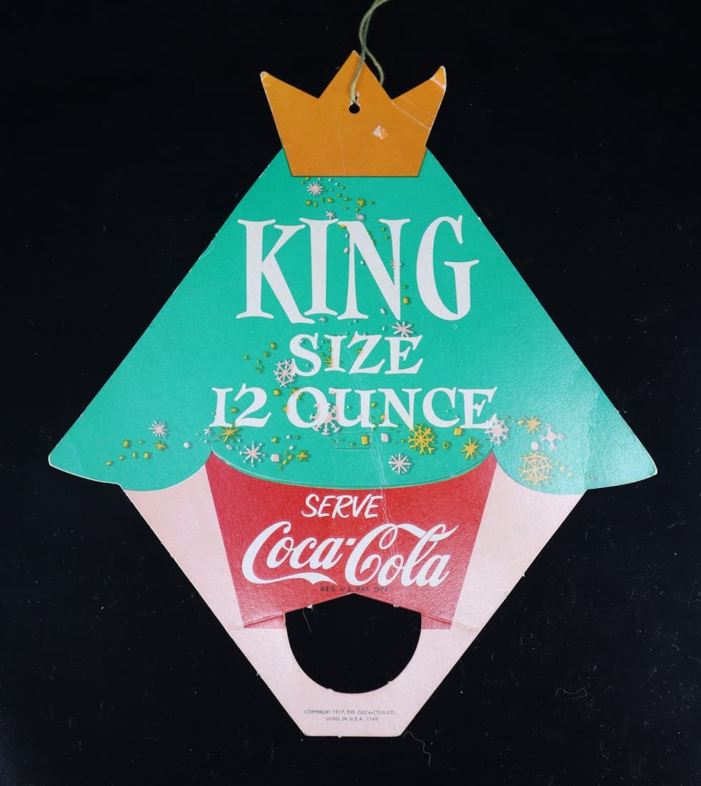 1957 KING SIZE 12 OUNCE SERVE COCA COLA CARDBOARD HANGING ADVERTISEMENT, 8X9.75" (1 of 4)