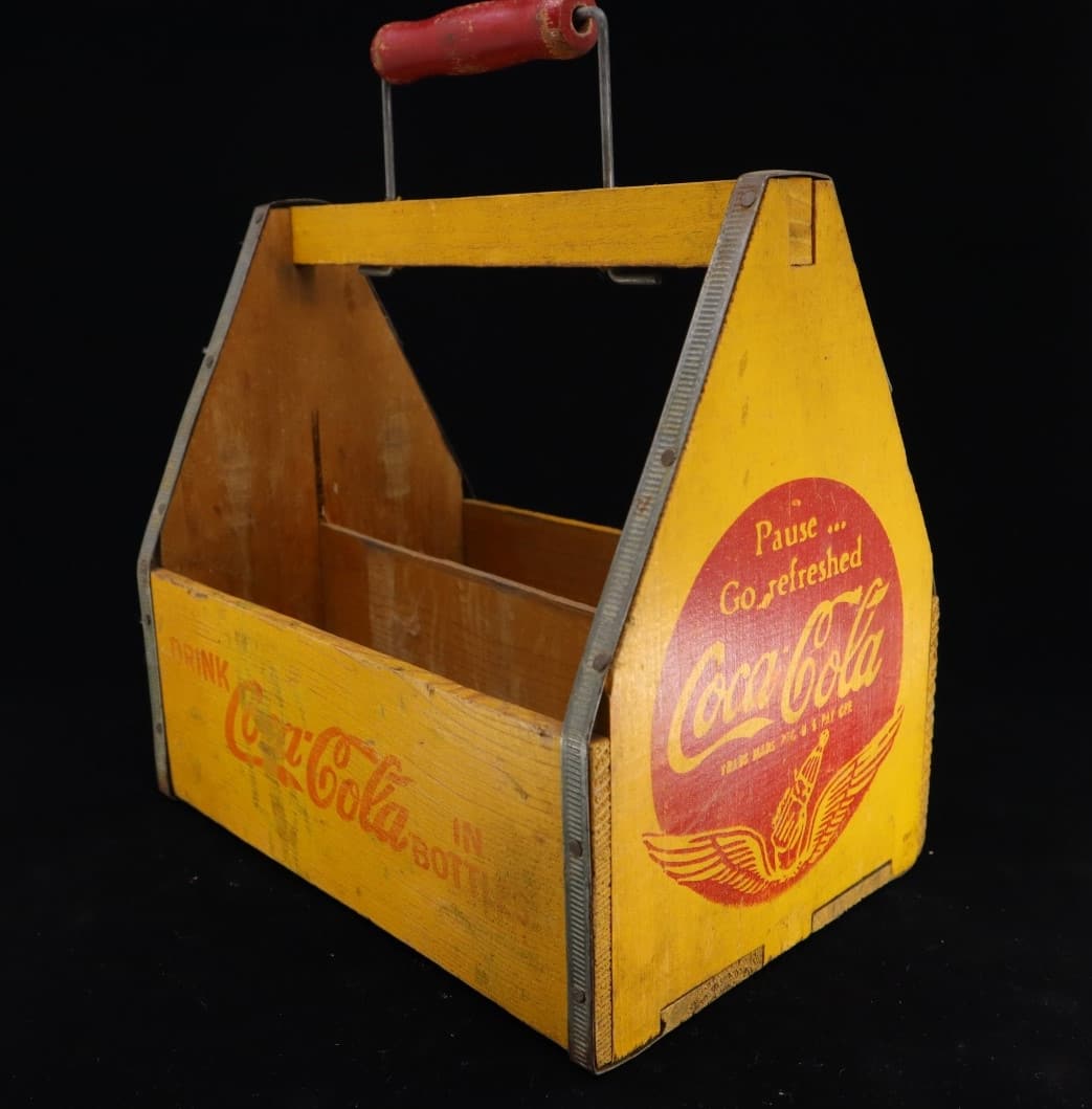 1941 PAUSE GO REFRESHED COCA COLA SIX PACK BOTTLE CARRIER, WOOD COKE CADDY, 8X7.5X9.5" (1 of 5)