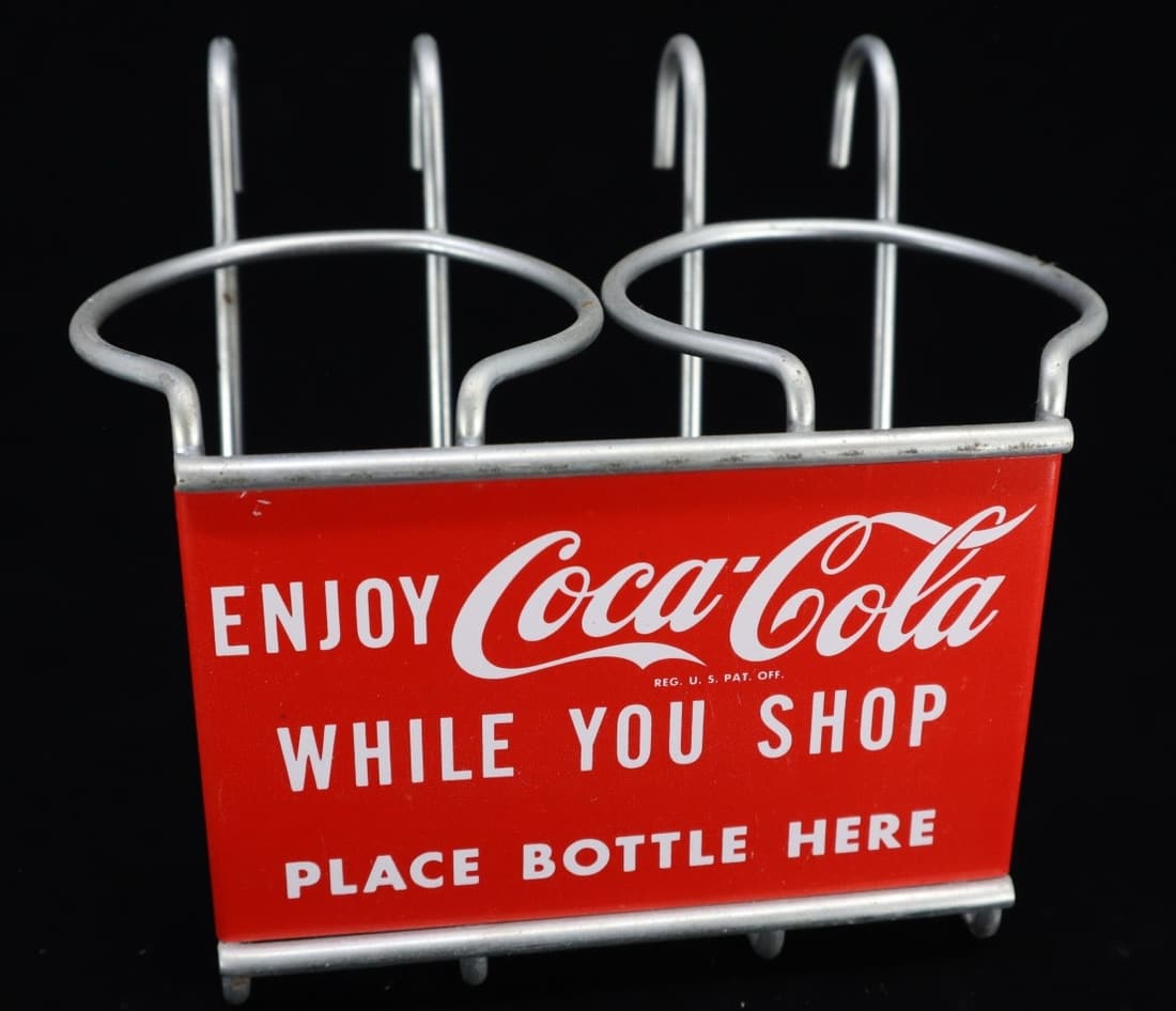 1950'S ENJOY COCA COLA WHILE YOU SHOP PLACE BOTTLE HERE SHOPPING CART BOTTLE HOLDER, 5.5X3.75X4.75" (1 of 4)