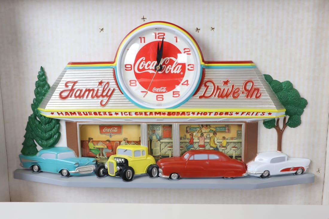 1990 COCA COLA FAMILY DRIVE IN HANGING WALL CLOCK SIGN ADVERTISEMENT, 20.5X10.5" (1 of 4)