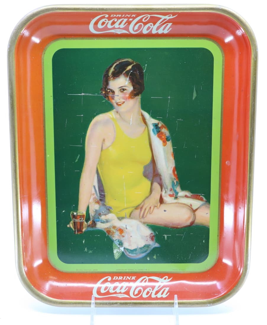 1929 COCA COLA GIRL IN YELLOW WITH GLASS TRAY, RECTANGLE 10.5X13.25 (1 of 2)