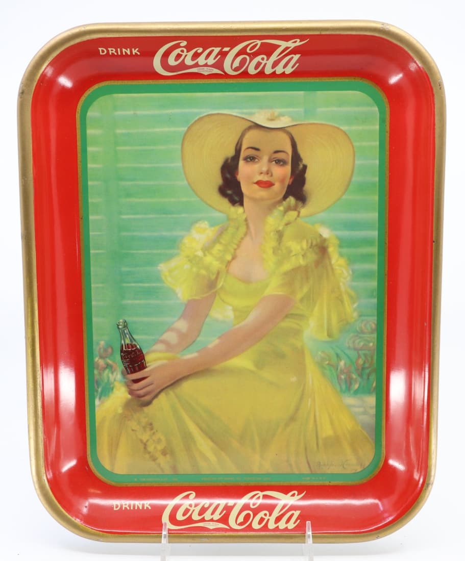1938 COCA COLA GIRL IN YELLOW HAT TRAY, RECTANGLE 10.5X13.25 (1 of 2)