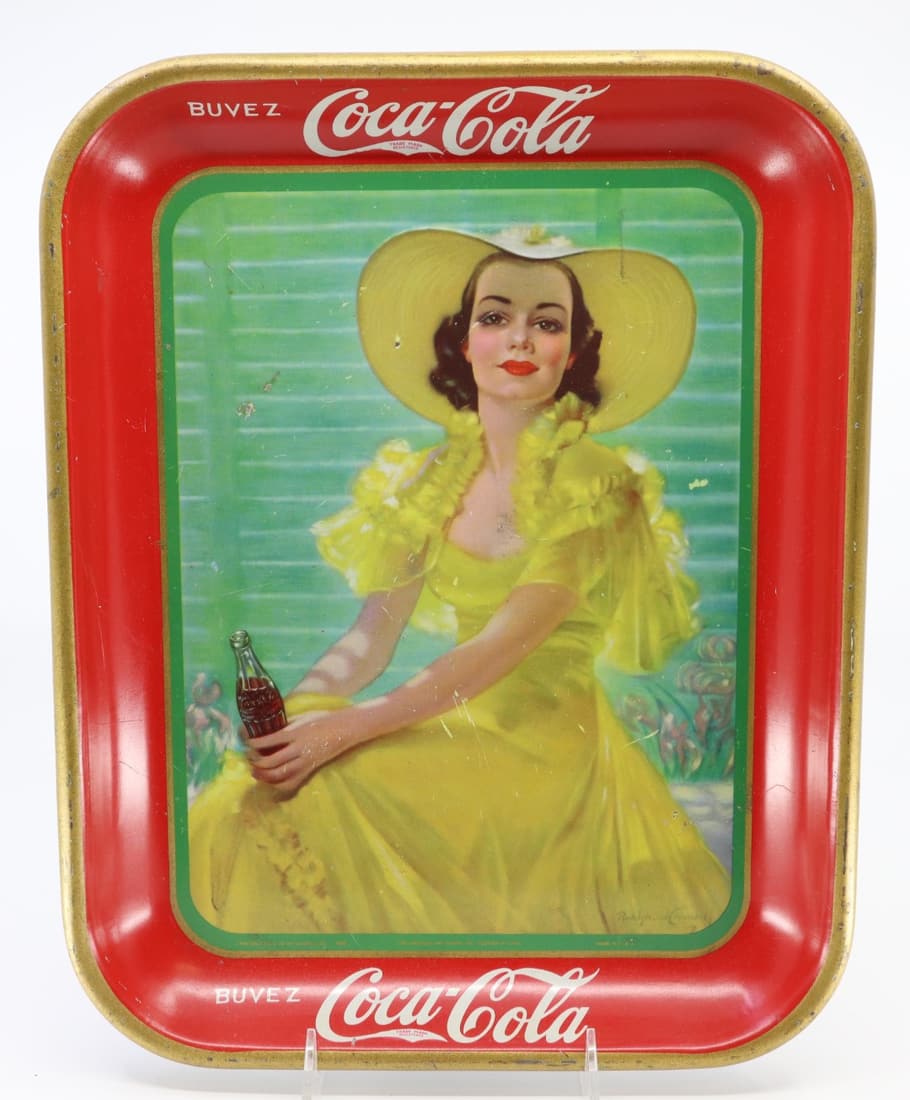 1938 FRENCH COCA COLA GIRL IN YELLOW HAT TRAY, RECTANGLE 10.5X13.25 (1 of 3)