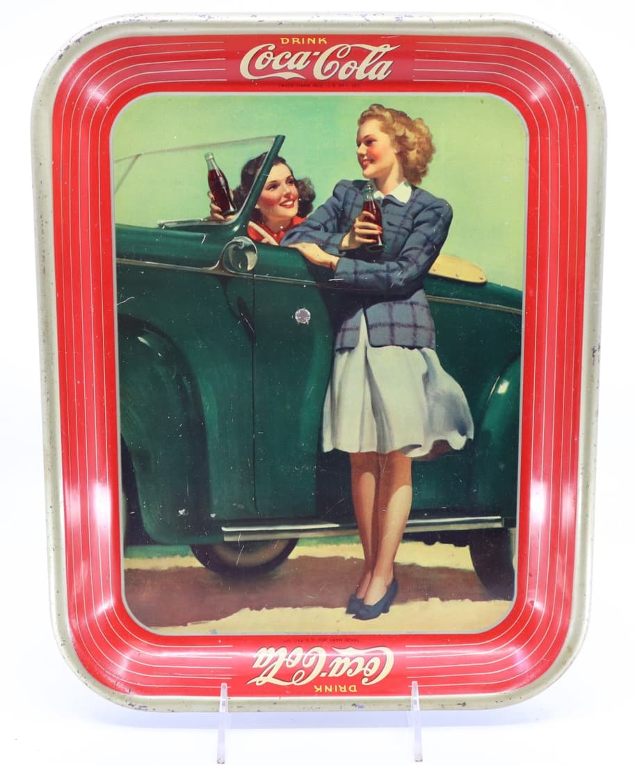 1942 COCA COLA TWO GIRLS WITH A CAR TRAY, RECTANGLE 10.5X13.25: 1942 COCA COLA TWO GIRLS WITH A CAR TRAY, RECTANGLE 10.5X13.25