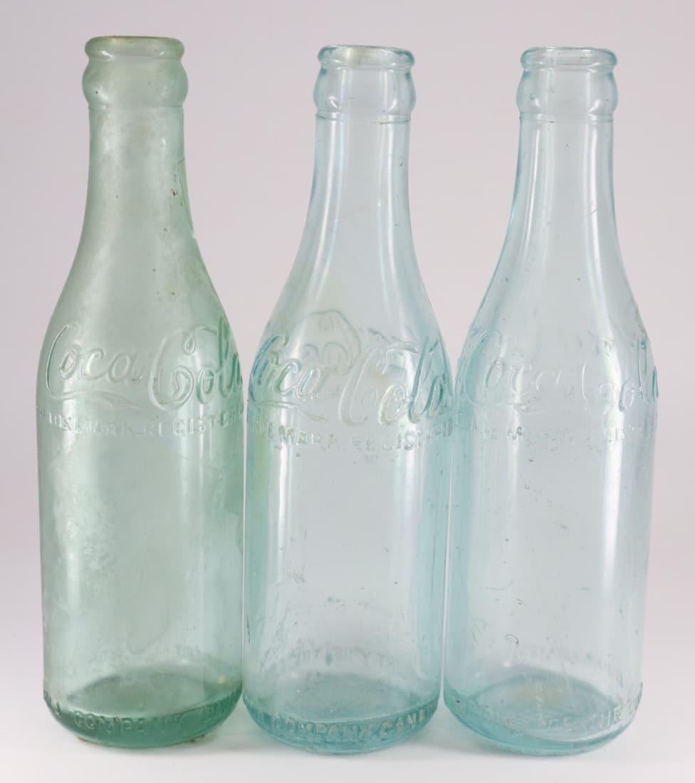 THREE STRAIGHT SIDED CANADIAN COCA COLA BOTTLES, BLUE GLASS, COCA COLA SCRIPT ON SHOULDER AND BASE, (1 of 6)