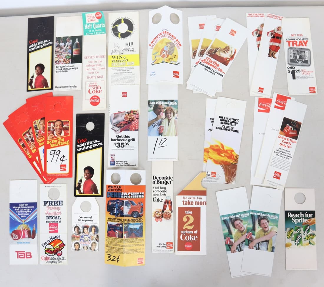 ASSORTMENT OF COCA COLA ADVERTISING, BOTTLE HANGERS, BILL COSBY, SANTA, DENIM MACHINE, TAB, SPRITE (1 of 7)