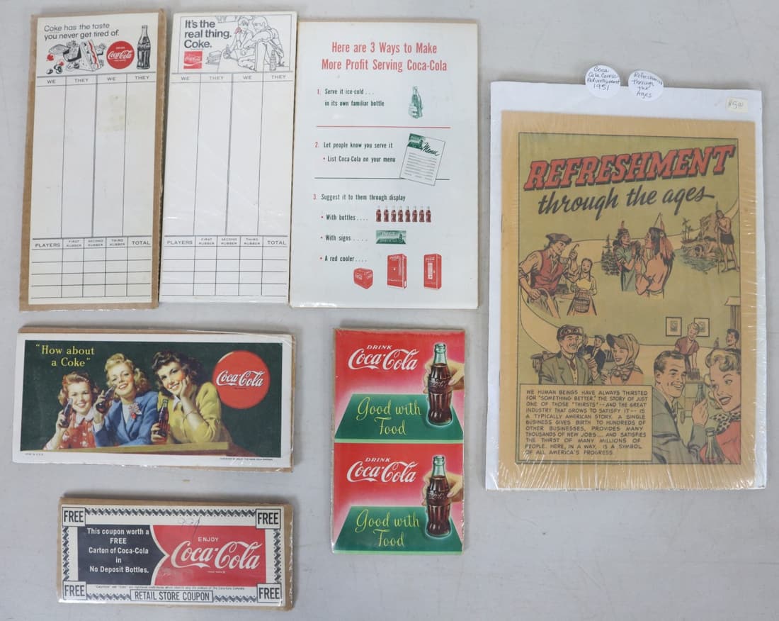 ASSORTED COCA COLA ADVERTISING, BRIDGE SCORE CARDS, 1951 REFRESHMENT THROUGH THE AGES, CARDBOARD HOW (1 of 5)