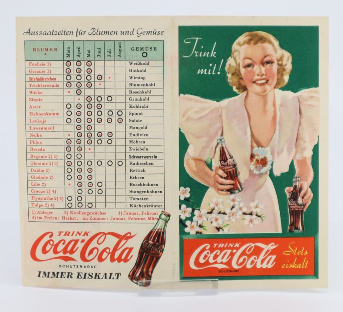 RARE GERMAN COCA COLA PAPER ADVERTISING SEWING TIMES FOR FLOWERS AND VEGETABLES DRINK ALONG, (1 of 2)