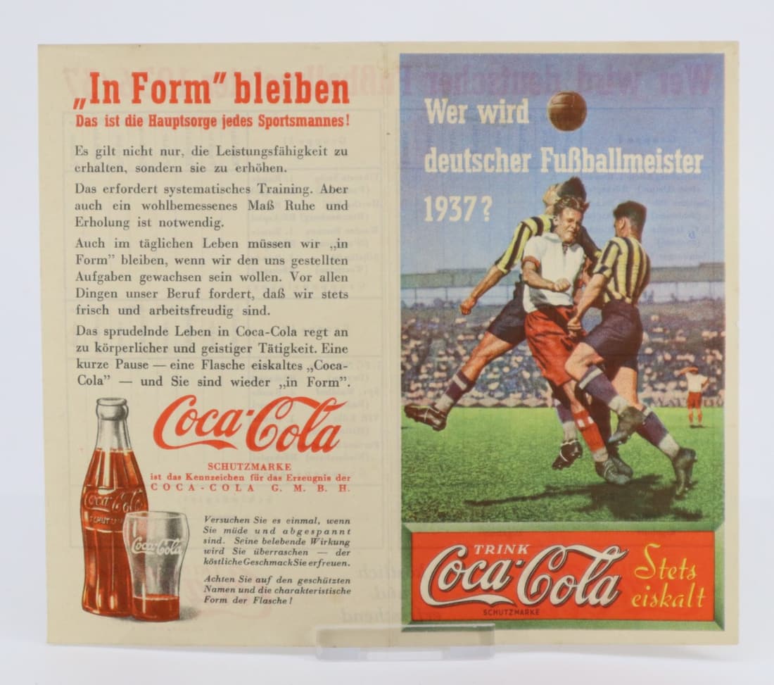 RARE 1937 GERMAN COCA COLA PAPER ADVERTISING, 6X5.25", WHO WILL BE GERMAN SOCCER CHAMPION 1936/37, (1 of 2)