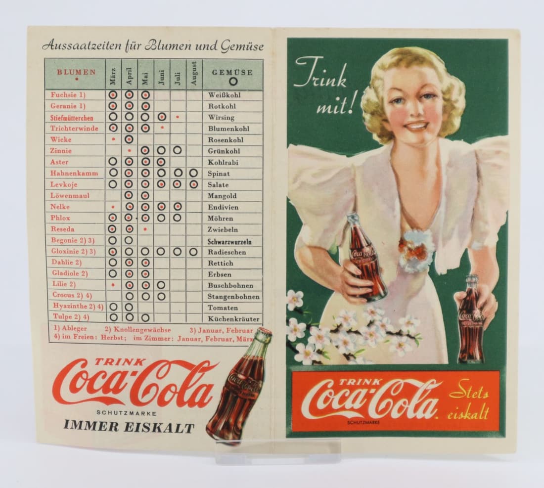 RARE GERMAN COCA COLA PAPER ADVERTISING SEWING TIMES FOR FLOWERS AND VEGETABLES DRINK ALONG, (1 of 2)