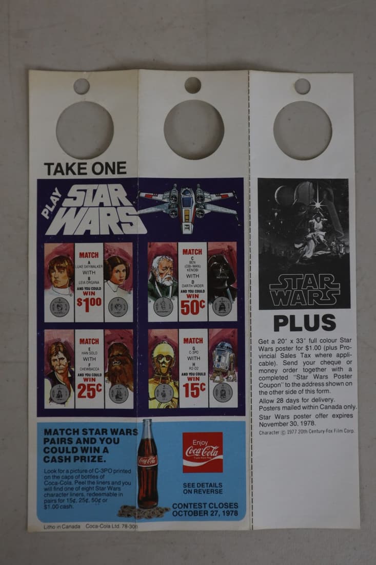 1977 CANADIAN COCA COLA STAR WARS GAME CONTEST BOTTLE HANGER, 6.5X8.75" (1 of 4)
