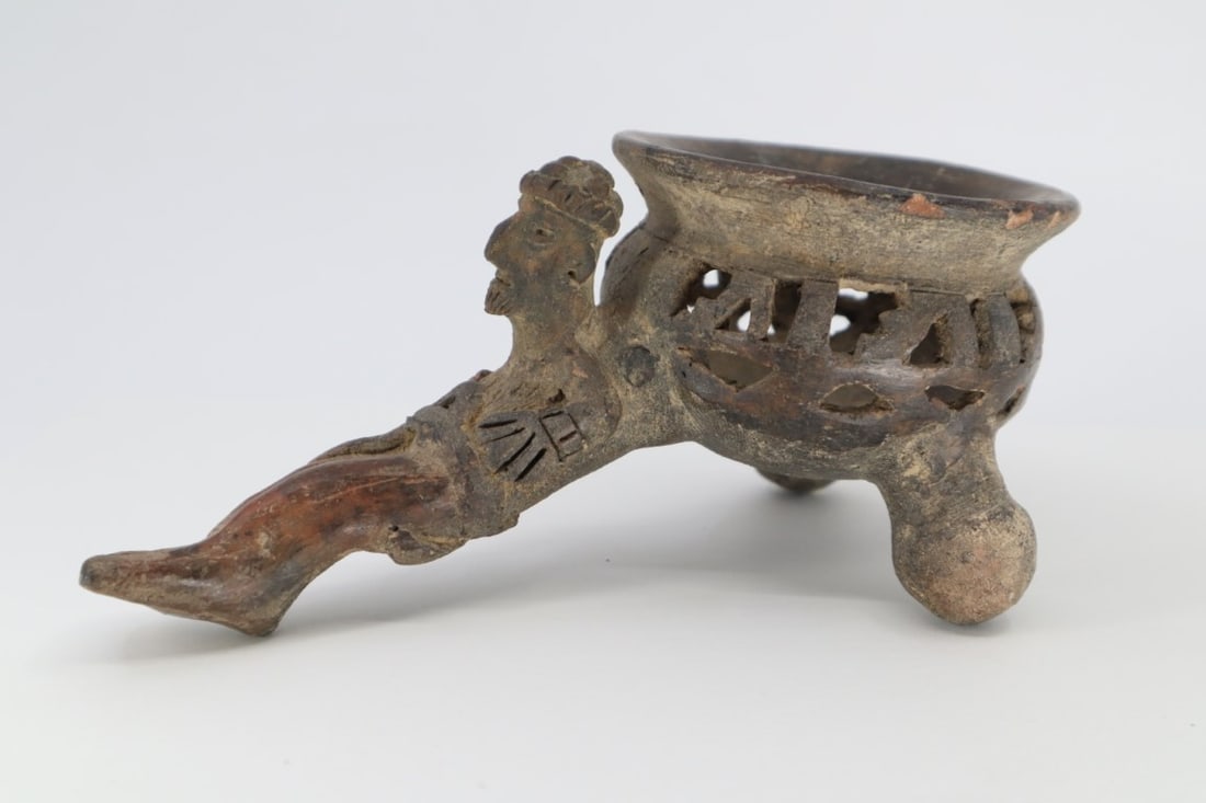 PRE-COLUMBIAN INCENSE BURNER WITH RECLINING FIGURE, 6-3/4 X 3-1/4 X 2-3/4: Pre-Columbian Incense Burner With Reclining Figure, 6-3/4 X 3-1/4 X 2-3/4, 7.5Oz, +Hp Reaction For Manganese, Has Internal Rattle Condition: See Images For Condition, Some Loss