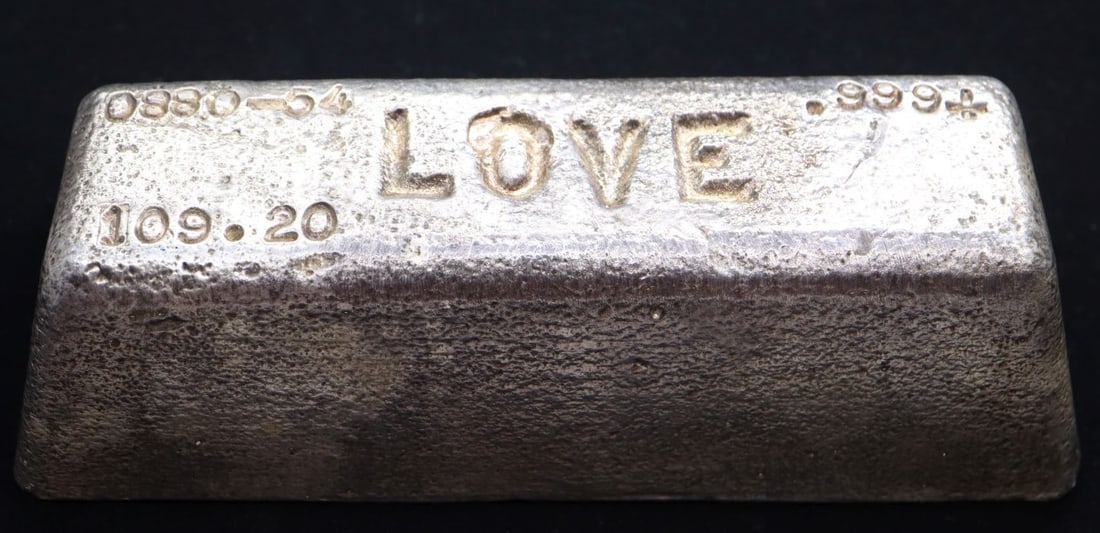 109.20 TROY OUNCES OF SILVER, HAND POURED BAR, STAMPED LOVE, 0880-54, 109.20, .999* TESTED (1 of 6)