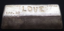 109.20 TROY OUNCES OF SILVER, HAND POURED BAR, STAMPED LOVE, 0880-54, 109.20, .999* TESTED