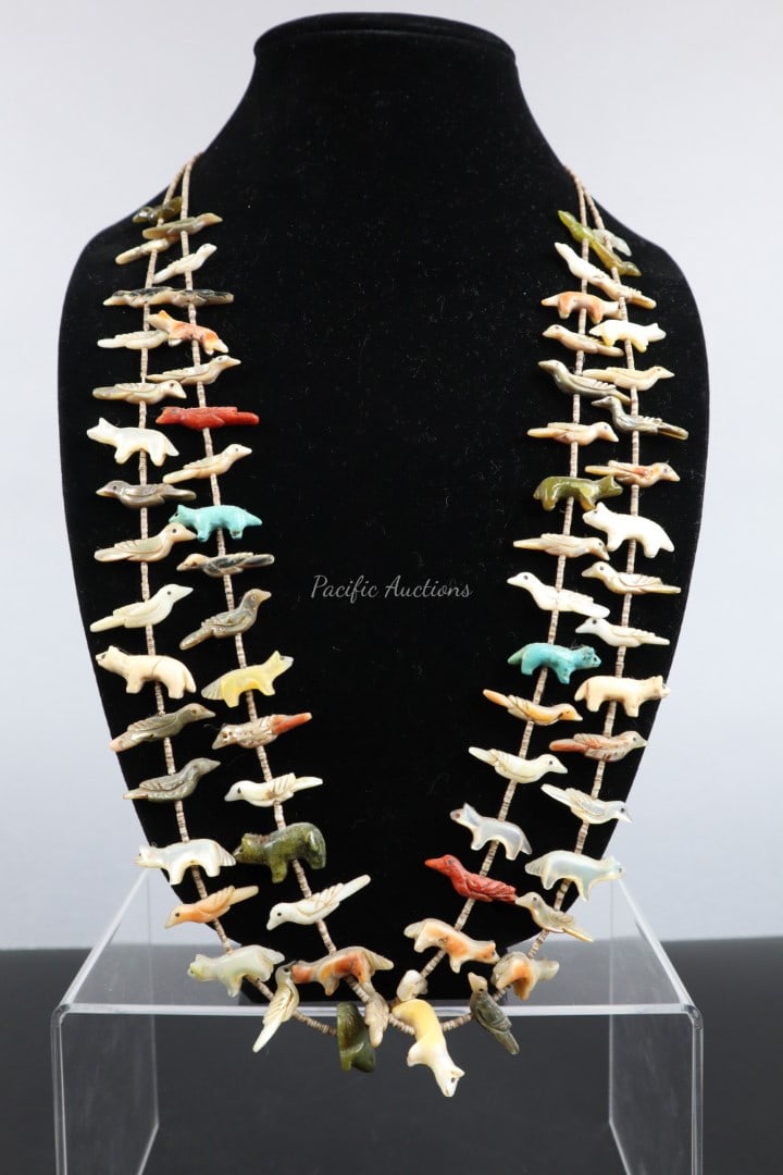 DOUBLE STRAND ANIMAL FETISH NECKLACE ZUNI, TURQUOISE, CORAL, MOTHER OF PEARL, 31"L (1 of 11)