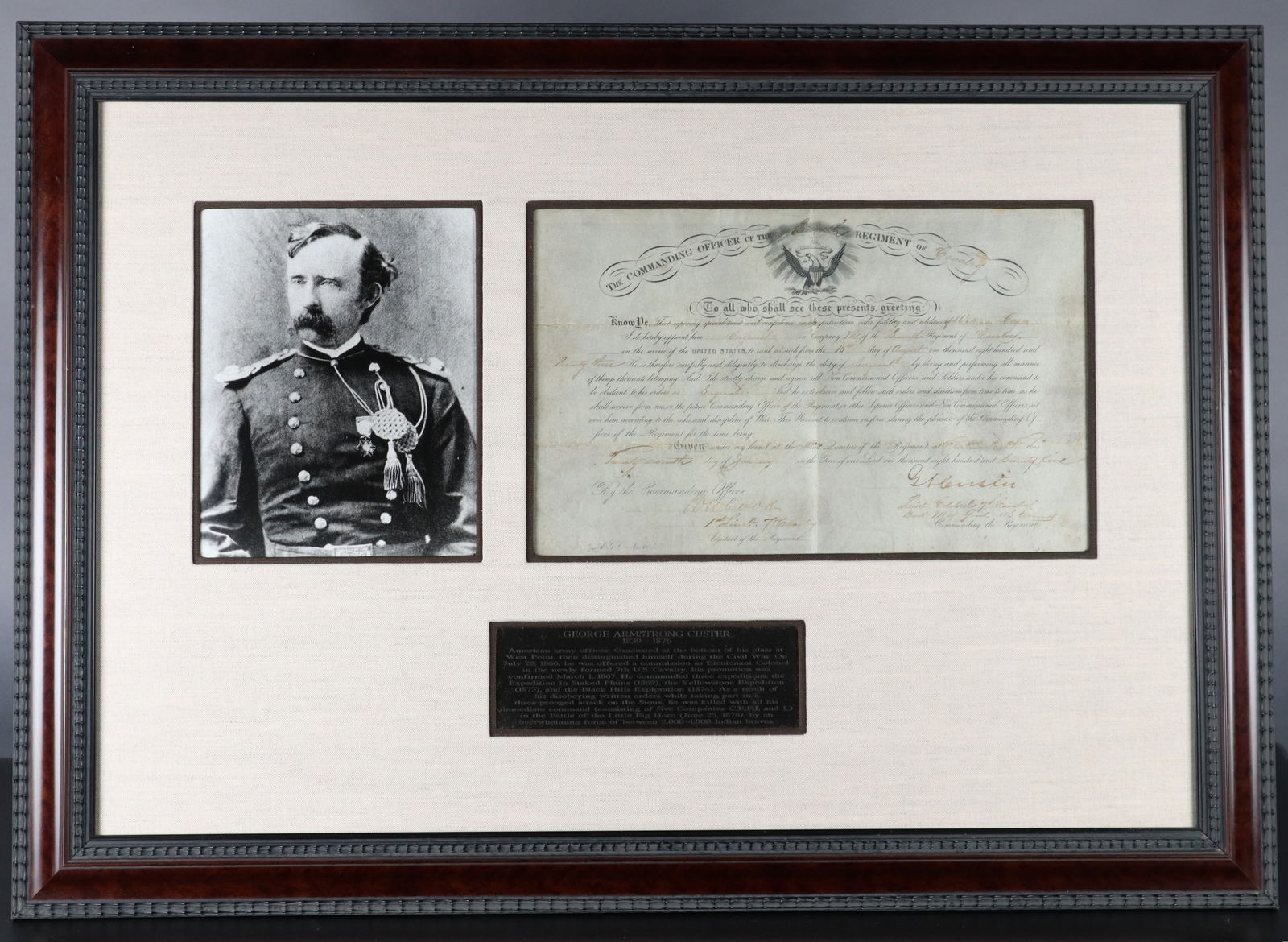 GEORGE CUSTER MILITARY APPOINTMENT SIGNED, DATED JANUARY 27TH 1875, WITH COA, APPROX. SIZE 15.5x9.75 (1 of 12)