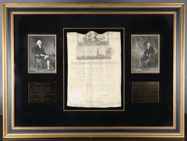 THOMAS JEFFERSON AND JAMES MADISON SIGNED SCALLOP, DATED OCTOBER 10, 1807, WITH COA, 10.5X15"H, FRAM (1 of 15)