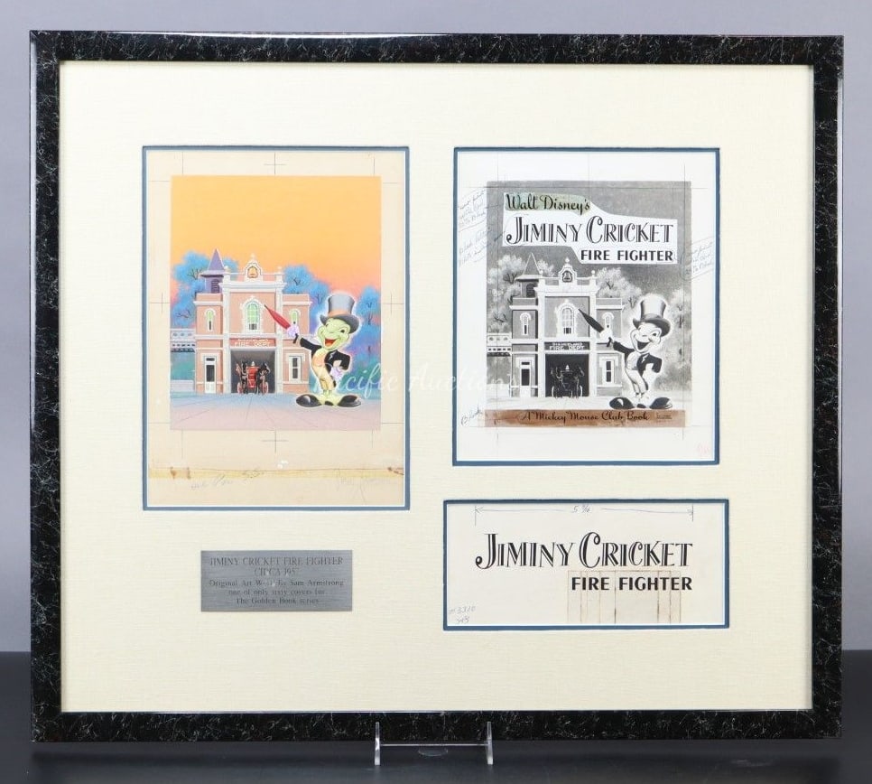 JIMINY CRICKET ORIGINAL ARTWORK, BOOK COVER ART FOR JIMINY CRICKET FIRE FIGHTER, WITH EDIT NOTES. FR (1 of 11)