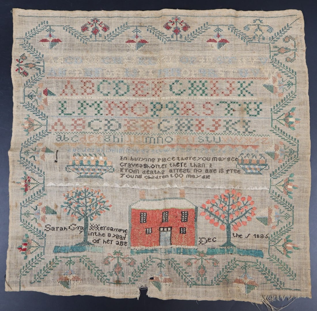 INCREDIBLE ANTIQUE SAMPLER c.1835, "SARAH GRAY Her sampler in the 8 year of her age" "Dec the 5 1835 (1 of 20)