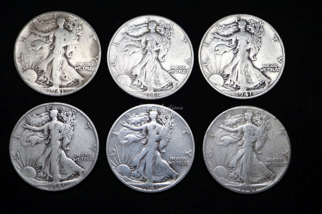 SIX 1941 LIBERTY WALKING HALF DOLLARS, 3-B & 3-S: DESCRIPTION: SIX 1941 LIBERTY WALKING HALF DOLLARS, 3-B & 3-S WEIGHT: CONDITION: Please see photos for condition. Condition is commensurate with age and use. We aim to take additional photos of any no