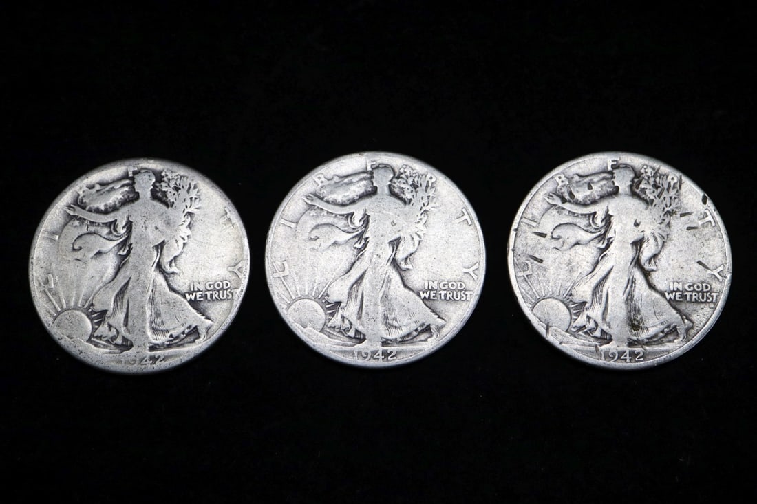 THREE 1942 LIBERTY WALKING HALF DOLLARS, B,D,D: DESCRIPTION: THREE 1942 LIBERTY WALKING HALF DOLLARS, B,D,D WEIGHT: CONDITION: Please see photos for condition. Condition is commensurate with age and use. We aim to take additional photos of any noti