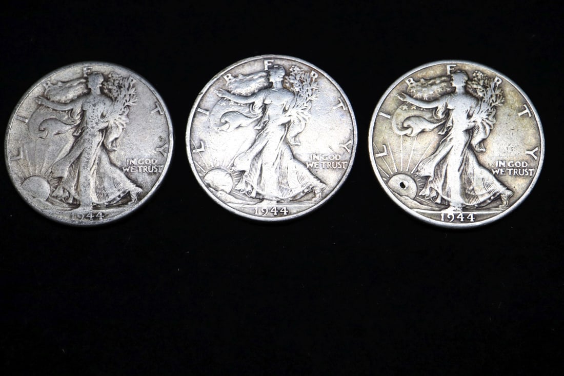 THREE 1944 LIBERTY WALKING HALF DOLLARS, B,S,D: DESCRIPTION: THREE 1944 LIBERTY WALKING HALF DOLLARS, B,S,D WEIGHT: CONDITION: Please see photos for condition. Condition is commensurate with age and use. We aim to take additional photos of any noti