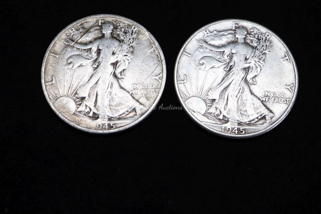 TWO 1945 LIBERTY WALKING HALF DOLLARS, S,B: DESCRIPTION: TWO 1945 LIBERTY WALKING HALF DOLLARS, S,B WEIGHT: CONDITION: Please see photos for condition. Condition is commensurate with age and use. We aim to take additional photos of any noticeab
