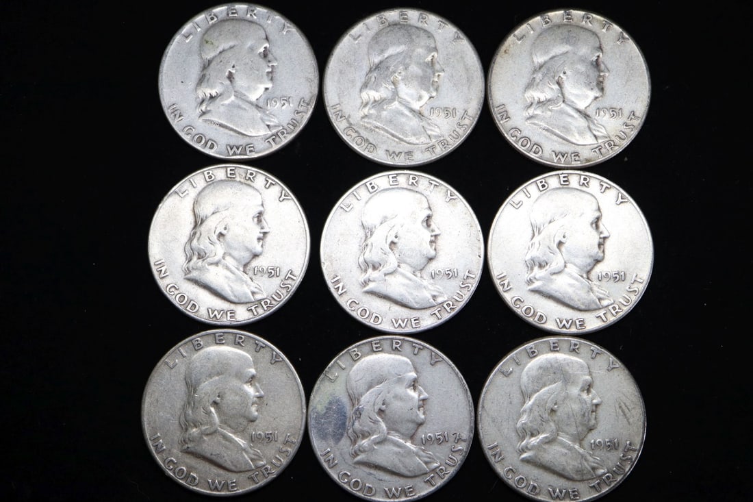 FOUR 1951 FRANKLIN HALF DOLLARS, D, 4-S, 3-B (1 of 3)