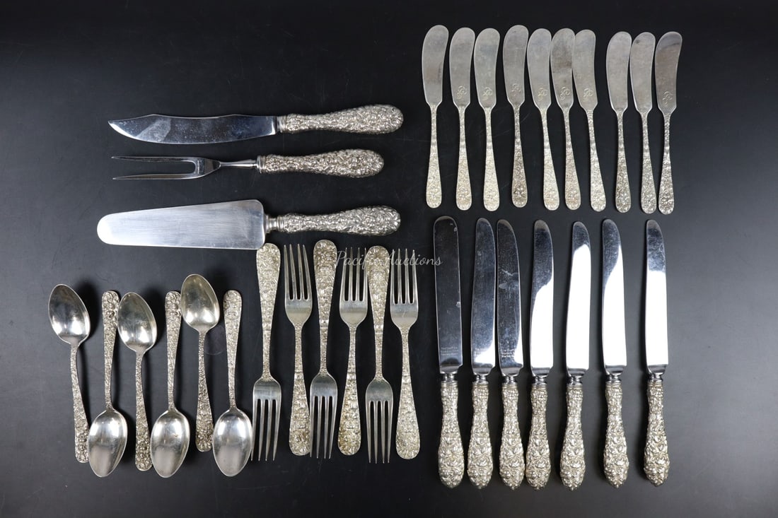 KIRK STIEFF ROSE STERLING SILVER FLATWARE, 826 GRAMS SOLID, 445 GRAMS KNIVES STERLING HANDLES STAINL (1 of 7)