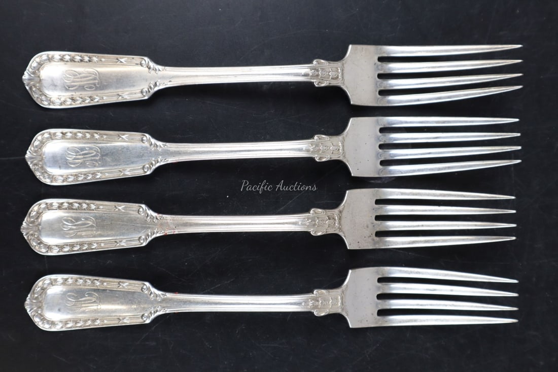 FOUR GORHAM CHESTERFIELD STERLING SILVER FORKS, 7", 186 GRAMS (1 of 2)