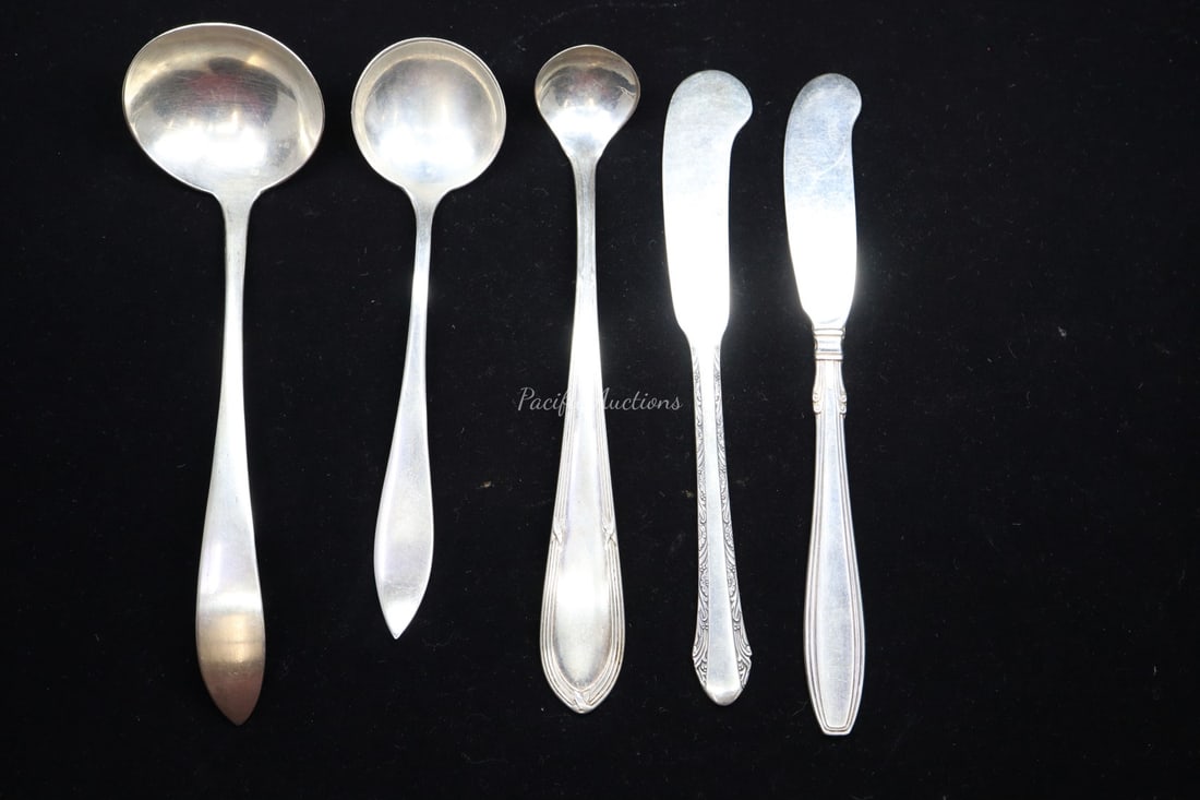 FIVE STERLING SILVER FLATWARE, KNIVES STAINLESS STEEL BLADES ALVIN & GORHAM, OTHERS UNKOWN, 117 GRAM (1 of 5)