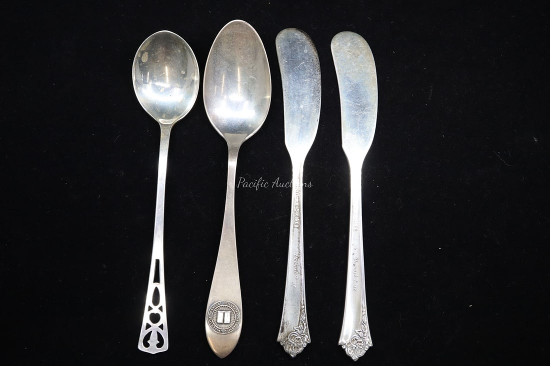 FOUR STERLING SILVER FLATWARE PIECES, WEBSTER PIERCED SPOON, VALPARISO UNIVERSITY BY LUNT, KNIVES AR (1 of 3)
