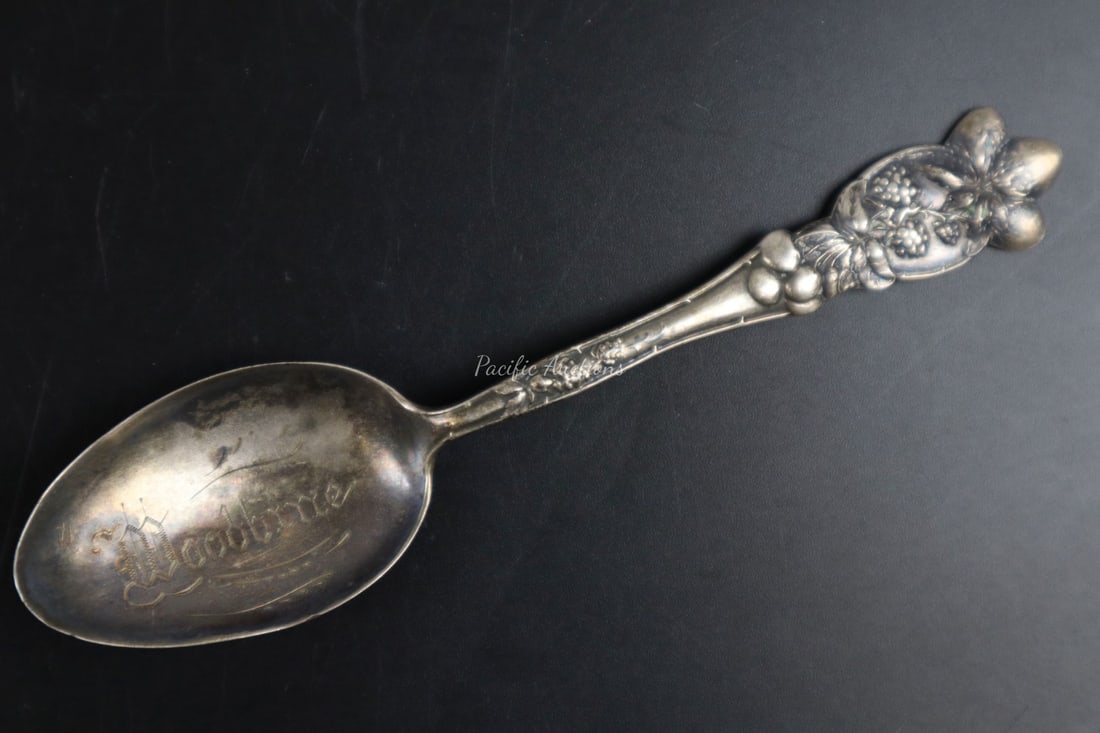 F.S. GILBERT ANTIQUE STERLING SILVER BERRY SPOON, ENGRAVED WOODBINE, ATTLEBORO, MA, 1900-1915C (1 of 4)