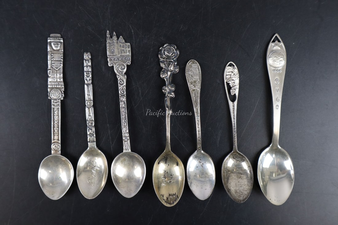 GROUP OF SEVEN STERLING SILVER SOUVENIR SPOONS, MEXICO, TOTEM POLE"BANFF", TAXCO MEXICO, ROSE "PORTL (1 of 3)
