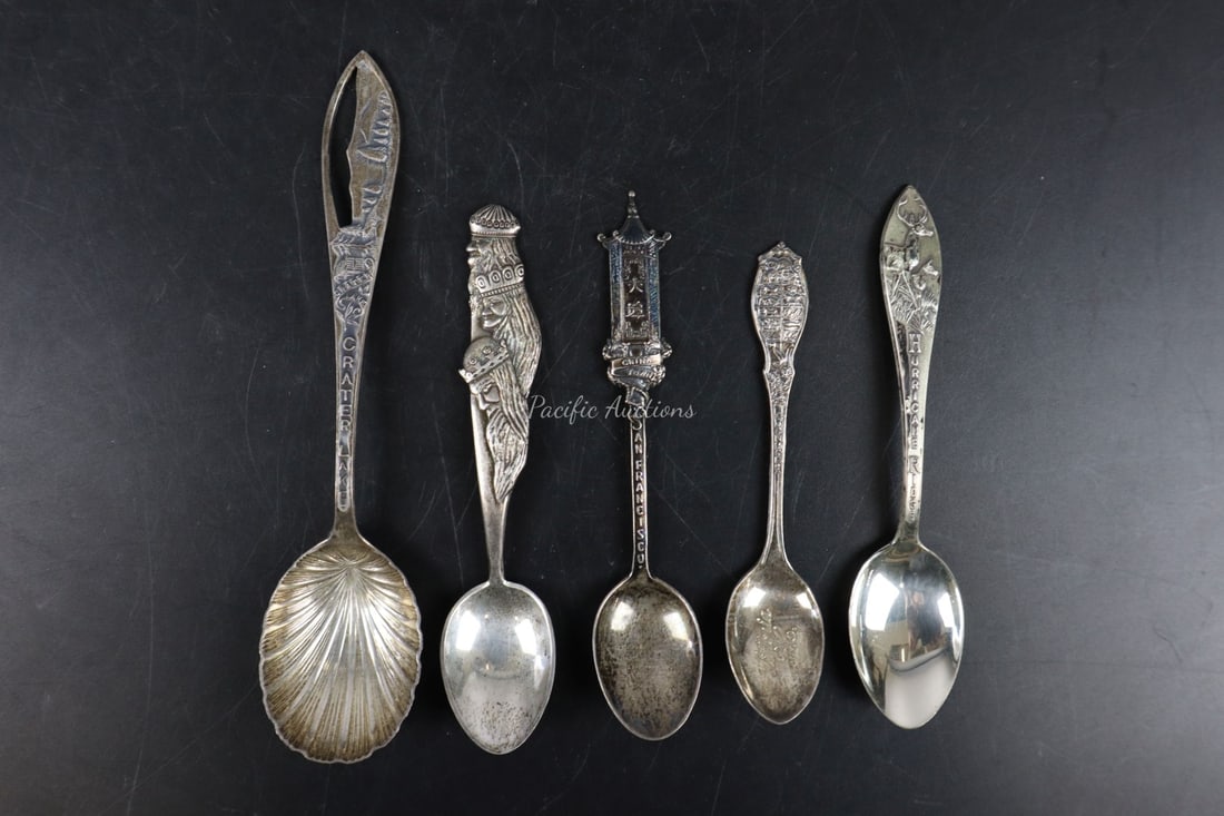 GROUP OF FIVE STERLING SILVER SOUVENIR SPOONS, CRATER LAKE, WISE MEN, HURRICANE RIDGE, CANADA, CHINA (1 of 3)