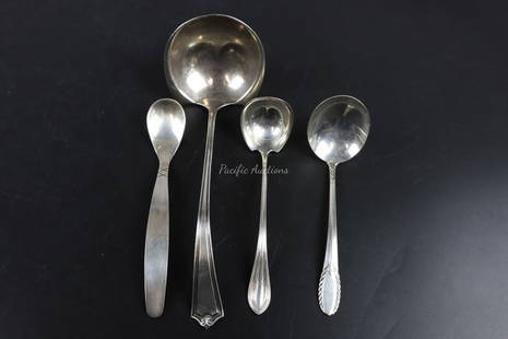 FOUR STERLING SILVER SPOONS AND LADLES, 1.ALLAN ADLER, 2.POTOMAC STERLING SILVER MFG. CO., IBH, ROGE: DESCRIPTION: FOUR STERLING SILVER SPOONS AND LADLES, 1.ALLAN ADLER, 2.POTOMAC STERLING SILVER MFG. CO., IBH, ROGERS WEIGHT: CONDITION: Please see photos for condition. Condition is commensurate with a