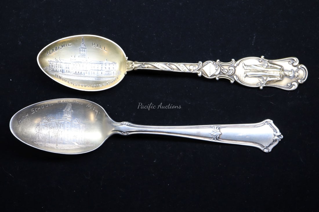 TWO HAND ENGRAVED STERLING SILVER SPOONS, ACADEMIC HALL UNIV. OF MISSOURI HORACE ALMA MATER ROWERS O (1 of 6)