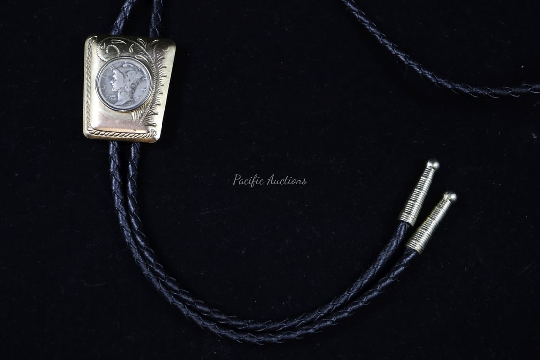 1937 MERCURY DIME BOLO-TIE, BLACK LEATHER, BOLO 14K, TASSELS 10K, UNMARKED (1 of 4)