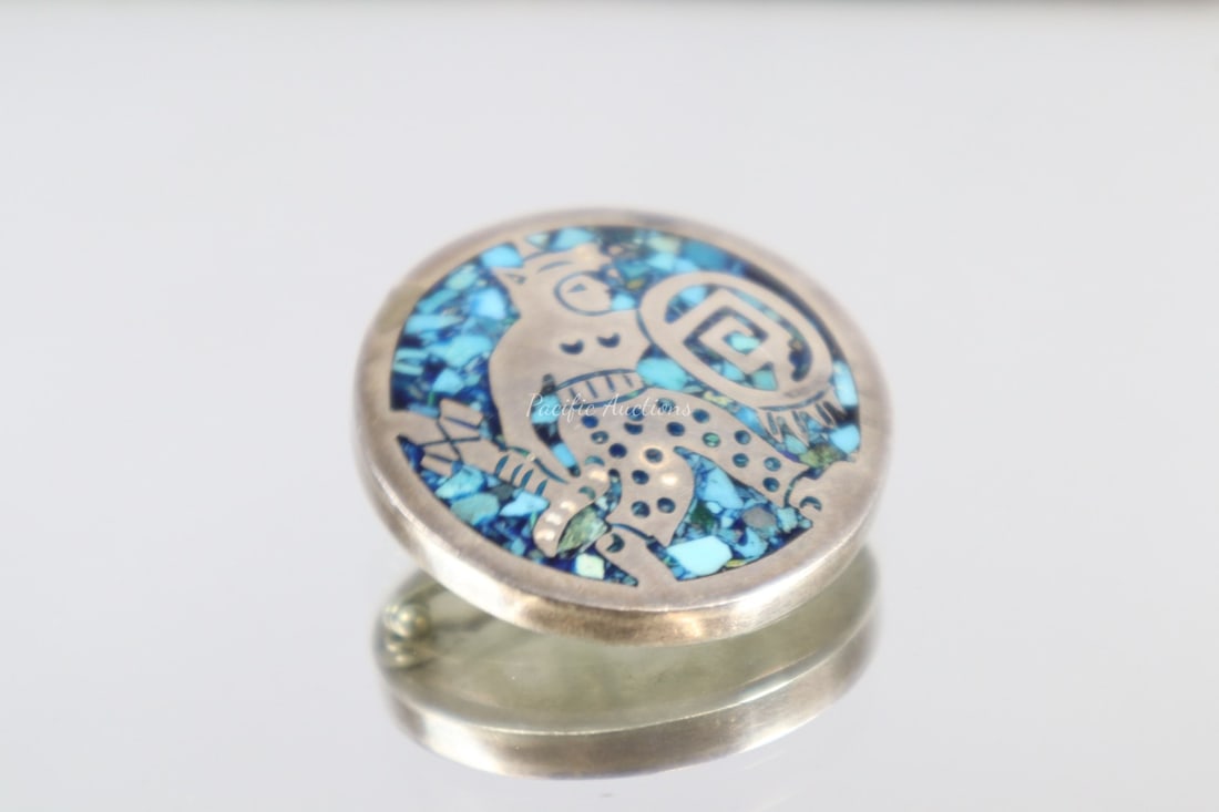 VINTAGE ROUND MOSAIC TAXCO SILVER TURQUOISE INLAY PIN PENDANT BROOCH, MEXICO 925, 18 GRAMS, 1.375"W (1 of 5)