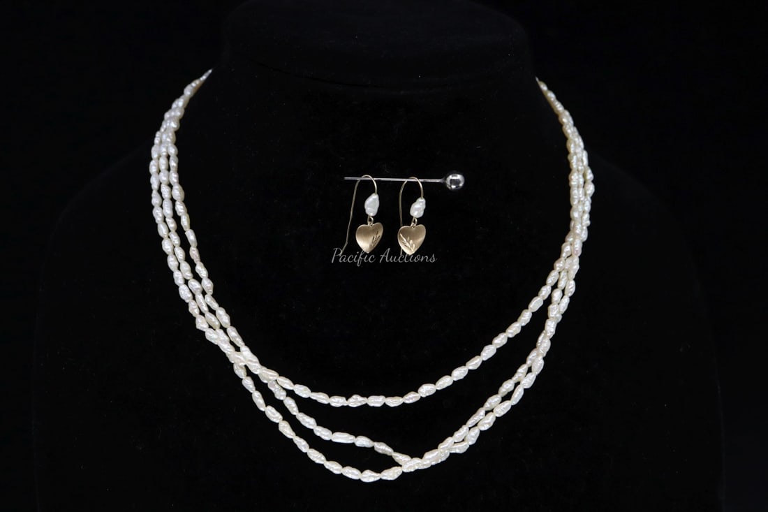TRIPLE STRAND BABY PEARL NECKLACE WITH HEART SHAPED EARRINGS: DESCRIPTION: TRIPLE STRAND BABY PEARL NECKLACE WITH HEART SHAPED EARRINGS WEIGHT: CONDITION: Please see photos for condition. Condition is commensurate with age and use. We aim to take additional phot