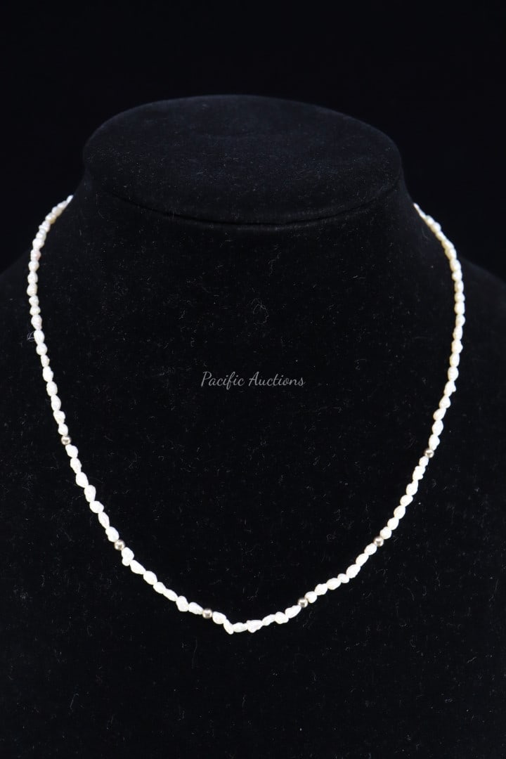 SINGLE BABY PEARL STRAND NECKLACE, S925, 19"L: DESCRIPTION: SINGLE BABY PEARL STRAND NECKLACE, S925, 19"L WEIGHT: CONDITION: Please see photos for condition. Condition is commensurate with age and use. We aim to take additional photos of any notic
