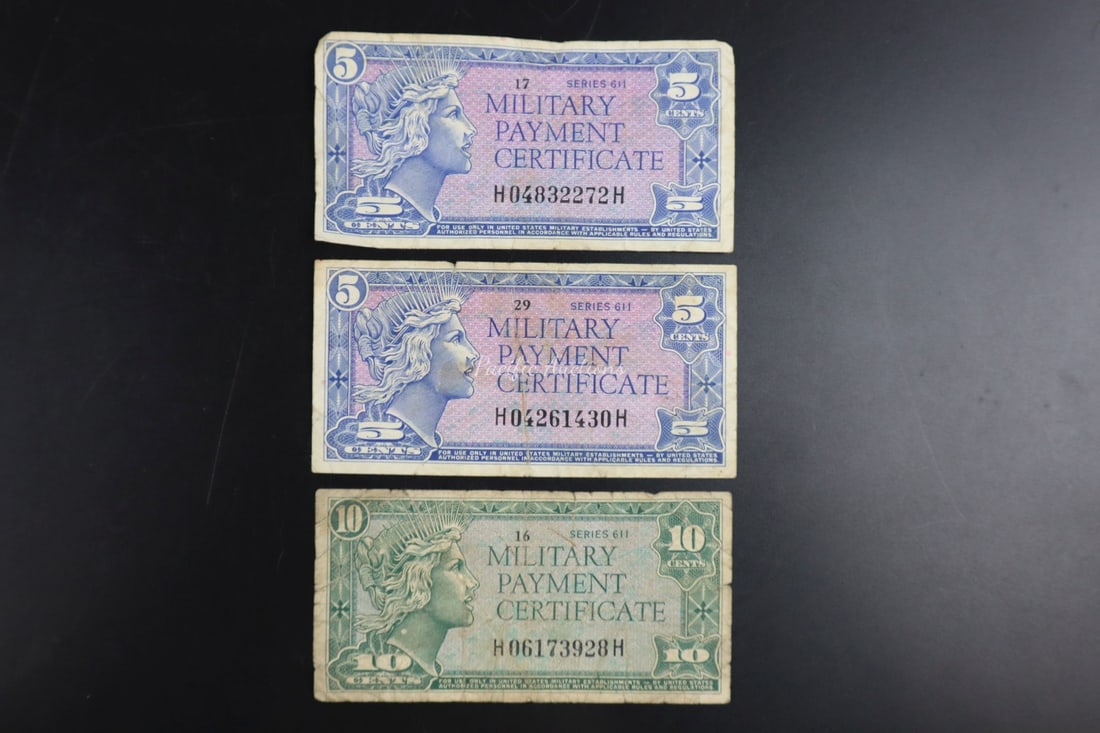 US MILITARY PAYMENT CERTIFICATES, 2 5 CENT CERTIFICATES AND 1 10 CENT CERTIFICATE, SERIES 611 (1 of 3)