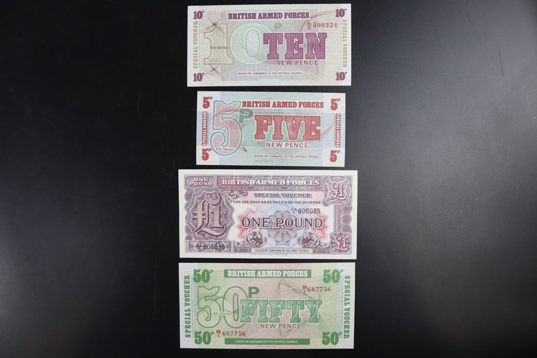 BRITISH ARMED FORCES SPECIAL VOUCHERS, 10 PENCE, 5 PENCE, 1 POUND, 50 PENCE, 2ND & 6TH SERIES (1 of 2)
