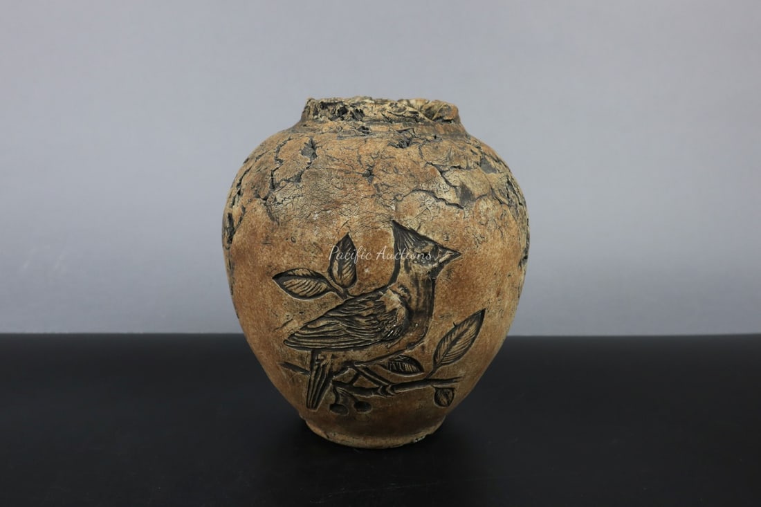 CONCRETE PLANTER, WITH BIRD ON BRANCH INCISED ON ONE SIDE, RAW TEXTURE ON REVERSE, 6.75x7.5"H: DESCRIPTION: CONCRETE PLANTER, WITH BIRD ON BRANCH INCISED ON ONE SIDE, RAW TEXTURE ON REVERSE, 6.75x7.5"H WEIGHT: CONDITION: Please see photos for condition. Condition is commensurate with age and us
