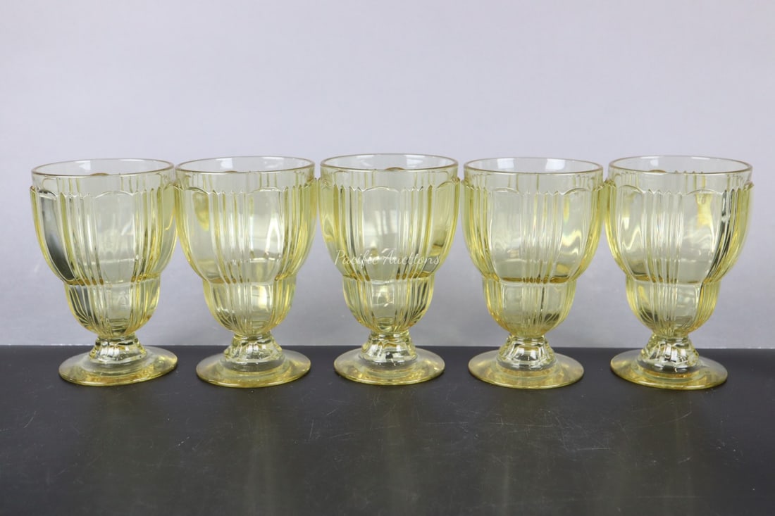 VINTAGE YELLOW DRINK GLASSES / SUNDAY GLASSES, SET OF 5, RIBBED SIDES, 5"H (1 of 4)