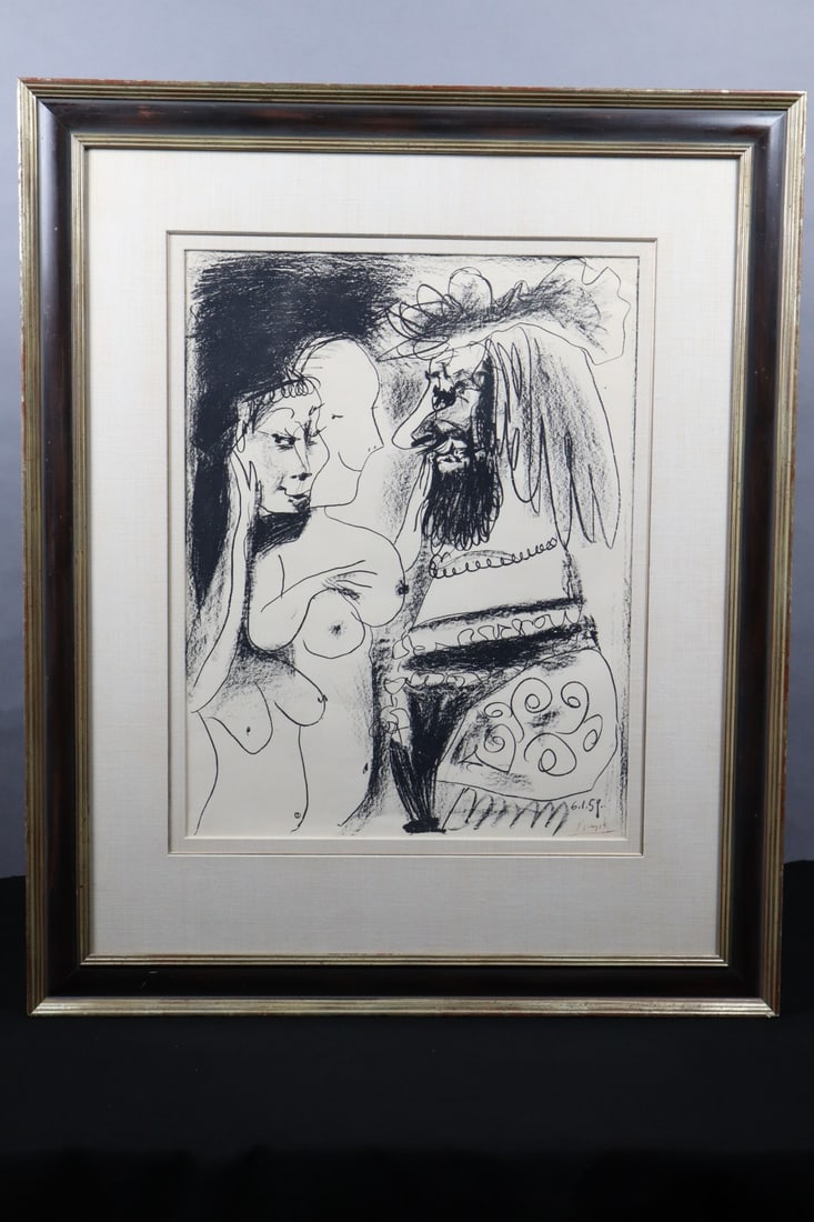 THE OLD KING, PICASSO SIGNED FAMED PRINT LE VIEUX ROI, 1959, EDITION OF1000, F 33-1/4 X 40-1/4", VI: DESCRIPTION: THE OLD KING, PICASSO SIGNED FAMED PRINT LE VIEUX ROI, 1959, EDITION OF1000, F 33-1/4 X 40-1/4", VISIBLE ART 19-1/2 X 25-1/2"THE WEIGHT: CONDITION: Please See Photos For Condition. Condit