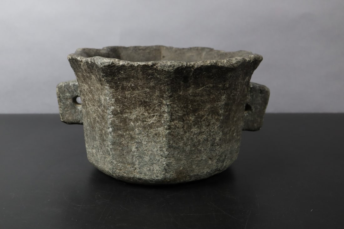 ANTIQUE KOREAN CARVED STONE BRAZIER, 10-1/4 x 9 x 5-5/8"H (1 of 6)