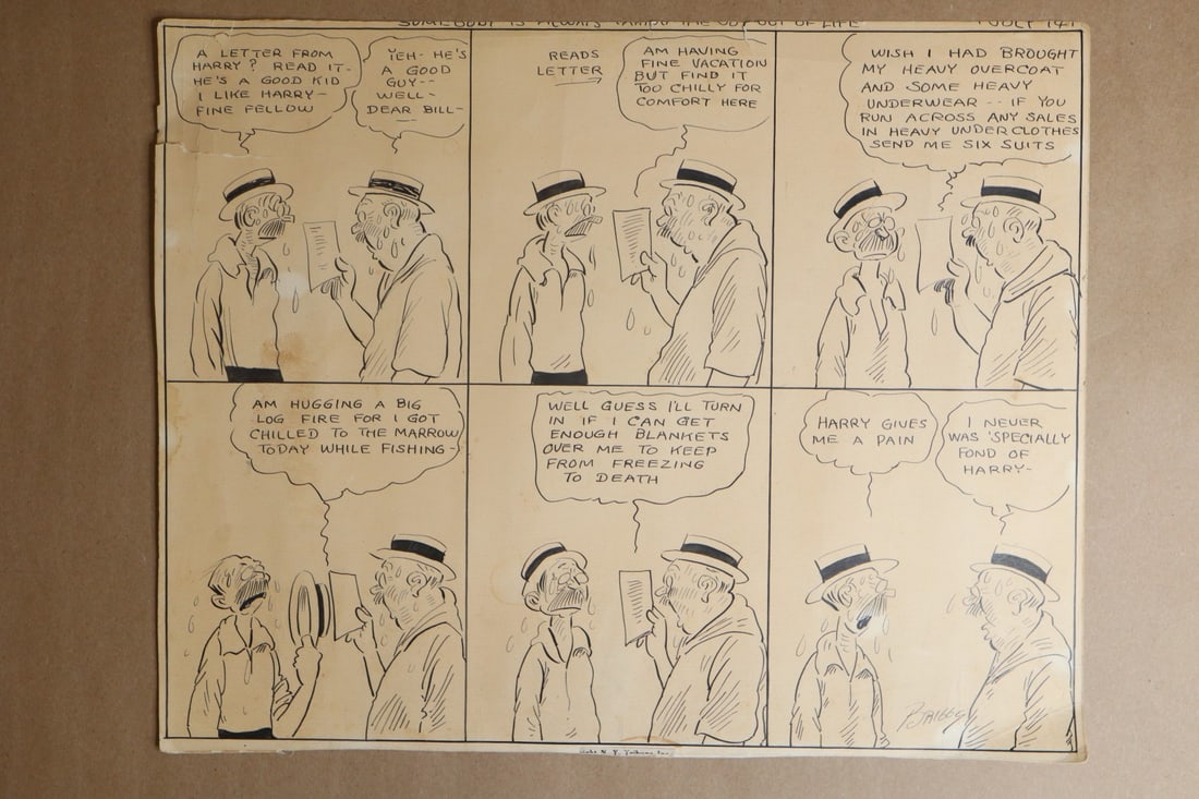CLARE BRIGGS COMIC STRIP CARTON ABOUT A LETTER WRITTEN BY HARRY STATON(EDITOR OF THE NEW YORK TRIBUN: DESCRIPTION: CLARE BRIGGS COMIC STRIP CARTON ABOUT A LETTER WRITTEN BY HARRY STATON(EDITOR OF THE NEW YORK TRIBUNE IN THE 1920'S) TO HIS COLLEAGUES, CLARE BRIGGS WAS THE CREATOR OF THE FIRST COMIC STR