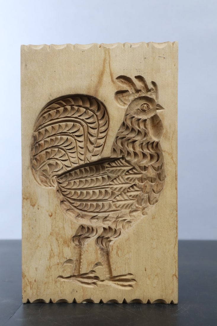 CARVED WOOD ROOSTER COOKIE MOLD, 4 3/8 X 7 1/4 X 1 (1 of 4)